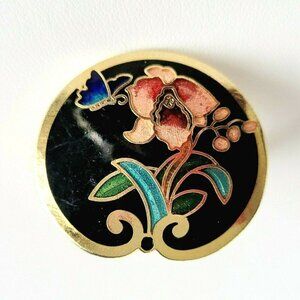 Vintage ILIS Cloisonne Scarf Clip Gold Tone Black Enamel Iris & Butterfly EUC